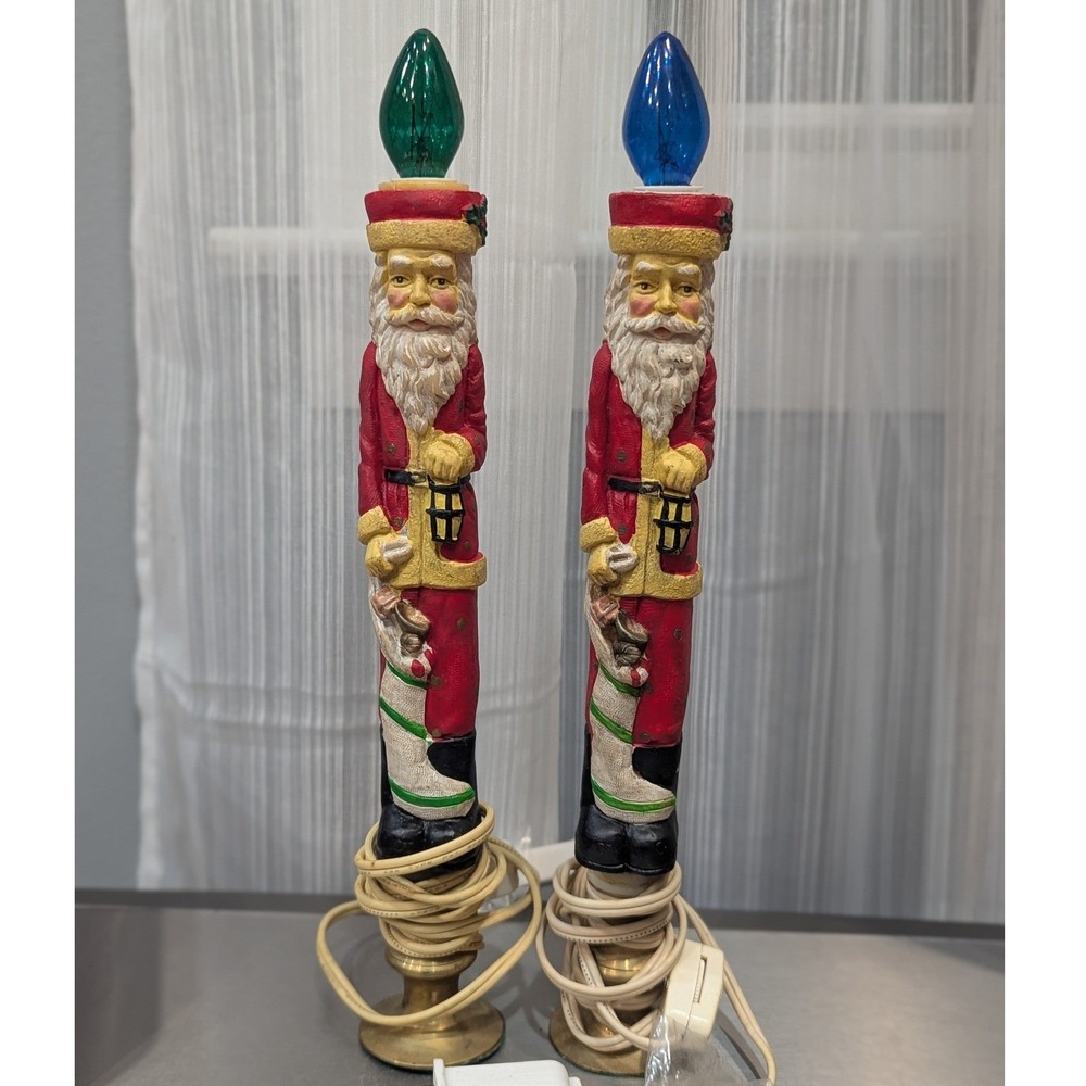Vintage Old World Santa Claus Electric Window Candles Pair Brass Base Christmas